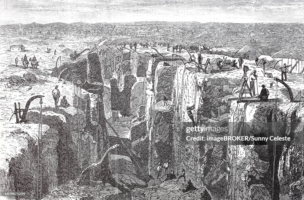 Diamond mining near Kimberley in 1880, South Africa, Historic, digitally restored reproduction of an original 19th century artwork, exact original date unknown