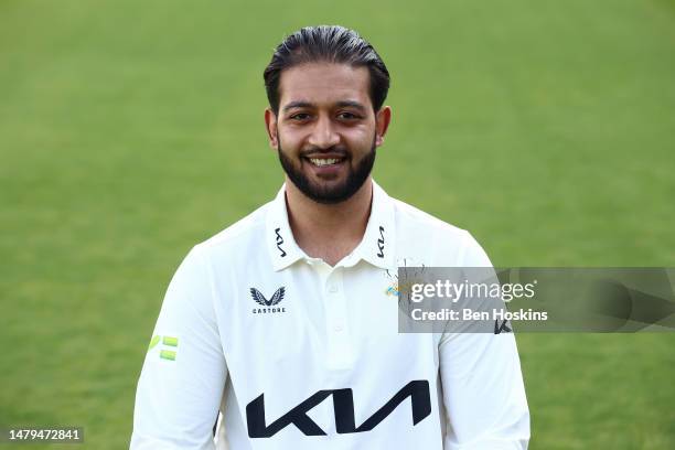 Ryan Patel of Surrey poses for a picture during the Surrey CCC Photocall at The Kia Oval on April 03, 2023 in London, England.