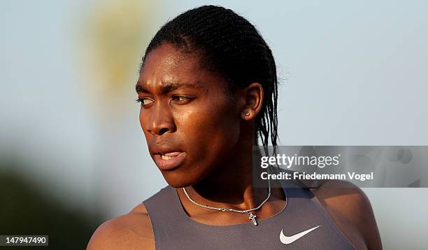 Caster Semenya of South Africa looks on after the women's 800 metres final during Bottropgala on July 6, 2012 in Bottrop, Germany.