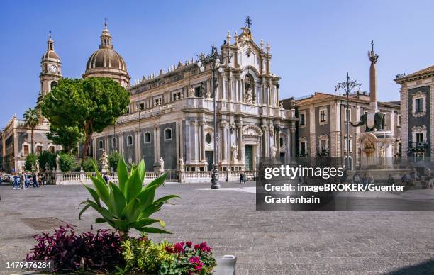 cathedral square with cathedral and elephant fountain in the old town, catania, east coast, sicily, italy - catania sicily fotografías e imágenes de stock
