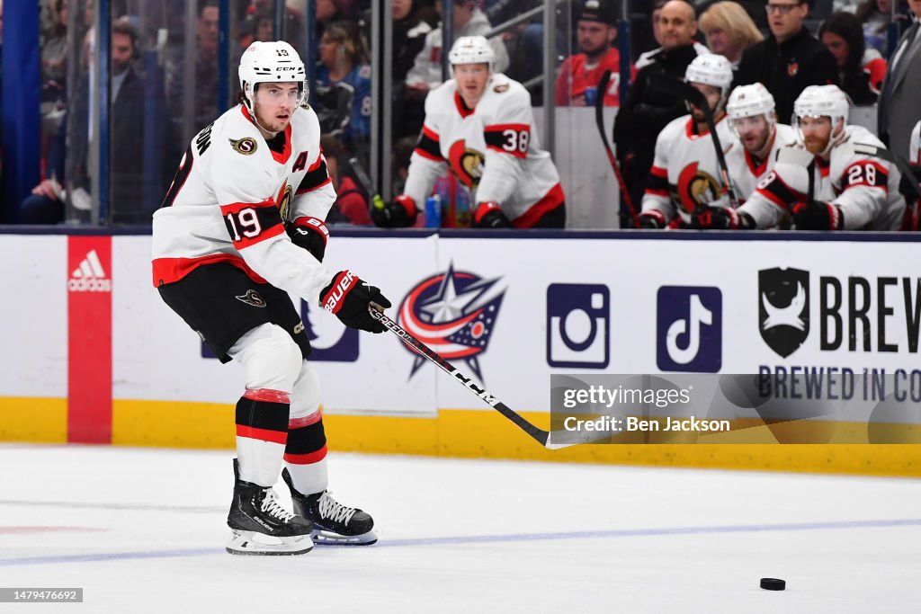 Batherson Drake Batherson of the Ottawa Senators passes the puck during the ...