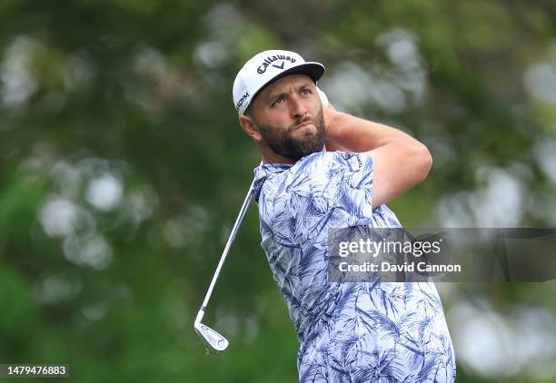 Jon Rahm of Spain plays his tee shot on the fourth hole during a practice round prior to the 2023 Masters Tournament at Augusta National Golf Club on...