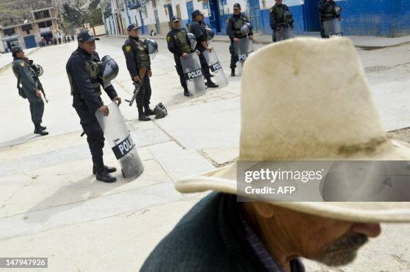 Peruvian Riot Armor Peruvian police in riot gear block the access to the main square of ...