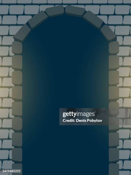 medieval brick arch with a dark opening inside. - rustic door stock illustrations