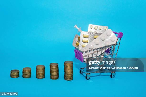 a stack of coins in a row with a grocery cart with medicines on a blue background drug price jump c,romania - shoppers drug mart corporation stock pictures, royalty-free photos & images