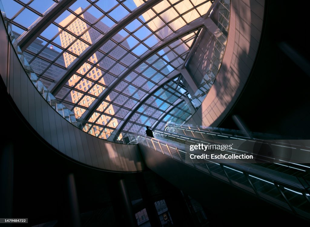 Businessman arriving at modern business district in Tokyo, Japan