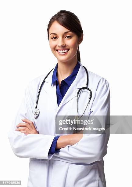 female doctor standing with arms crossed - isolated - female doctor on white stock pictures, royalty-free photos & images