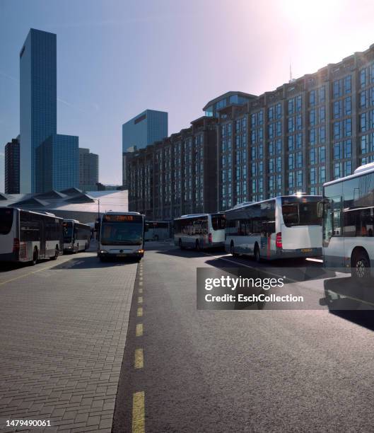 busy bus station in front of rotterdam central station, the netherlands - rotterdam station stock pictures, royalty-free photos & images