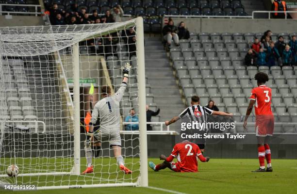 Jamie Miley of Newcastle scores the opening goal which is ruled offside during the Premier League 2 match between Newcastle United and Middlesbrough...