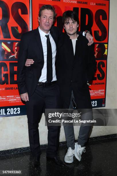 David Lanzmann and Alain-Fabien Delon attend the "Jours Sauvages" premiere at Cinema Max Linder In Paris on April 03, 2023 in Paris, France.