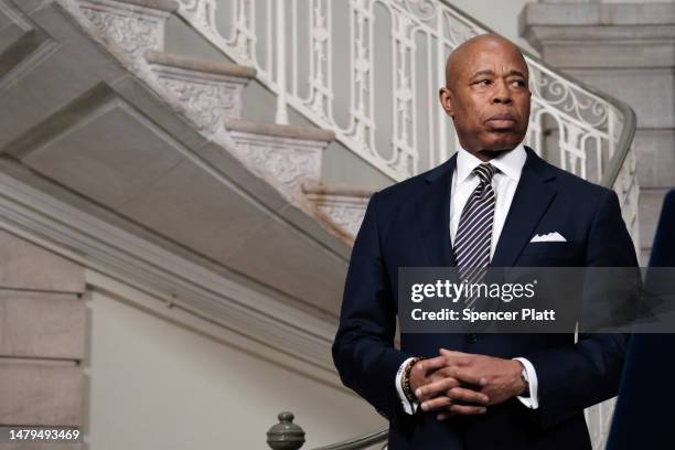 Mayor Eric Adams listens during a briefing on security preparations ahead of former President Donald Trump's arrival on April 03, 2023 in New York...