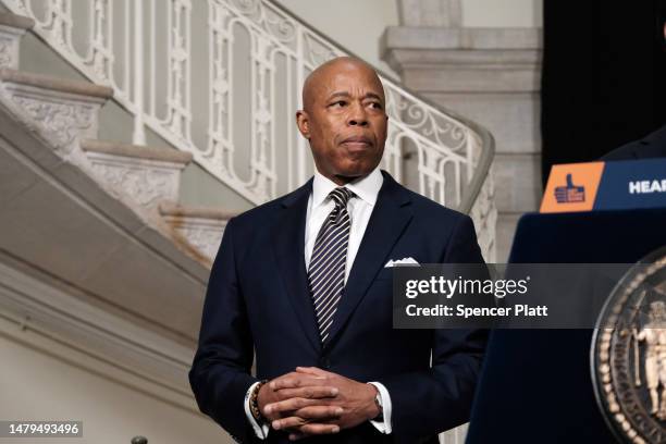 Mayor Eric Adams listens during a briefing on security preparations ahead of former President Donald Trump's arrival on April 03, 2023 in New York...