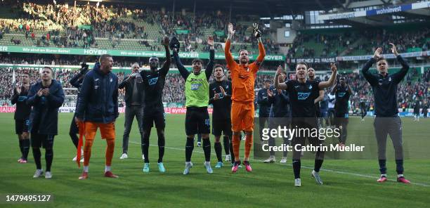 The Player of TSG 1899 Hoffenheim celebrate the team's victory of the Bundesliga match between SV Werder Bremen and TSG Hoffenheim at Wohninvest...