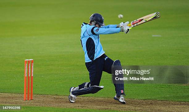 Joe Gatting of Sussex swings and misses at a short ball during the Friends Life T20 match between Hampshire Royals and Sussex Sharks at Ageas Bowl on...