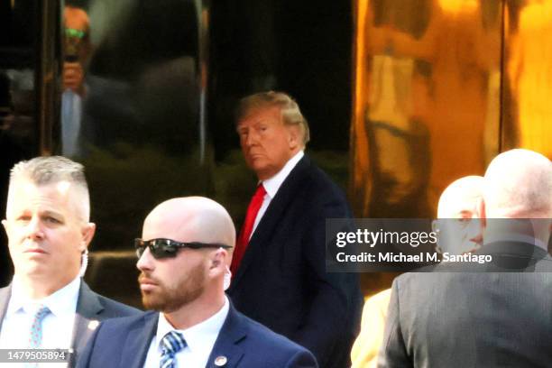 Former President Donald Trump arrives at Trump Tower on April 03, 2023 in New York City. Former President Trump is scheduled to be arraigned in...