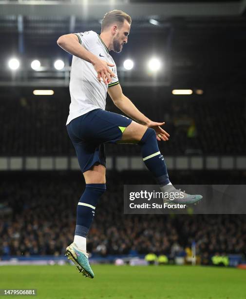 Harry Kane of Tottenham Hotspur celebrates after scoring the team's first goal from a penalty during the Premier League match between Everton FC and...