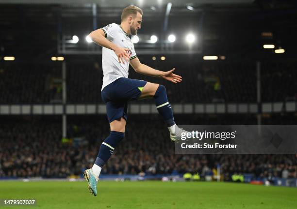 Harry Kane of Tottenham Hotspur celebrates after scoring the team's first goal from a penalty during the Premier League match between Everton FC and...