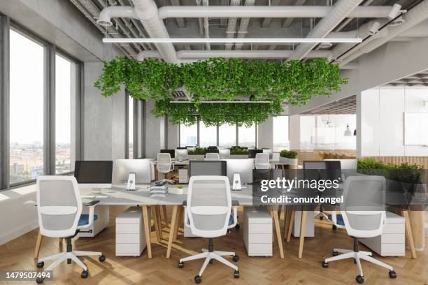 digital image of eco-friendly modern open plan office interior with tables, computers, office chairs and plants - desk with green space view stock pictures, royalty-free photos & images