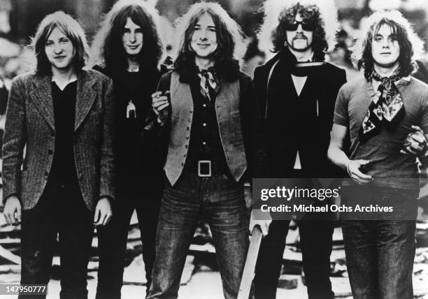 Dale 'Buffin' Griffin, Paul Overend Watts, Mick Ralphs, Ian Hunter and Verden Allen of the rock and roll band "Mott The Hoople" pose for a portrait...