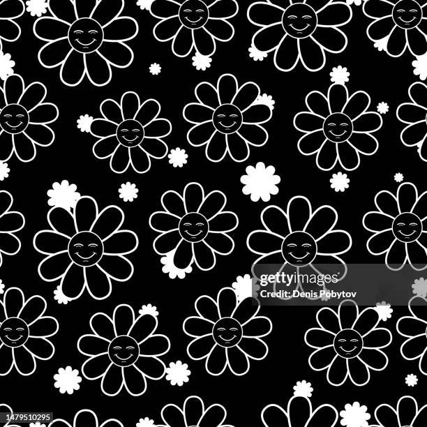 cartoon nahtlose illustration von lächelnden emoji-blumen. - vintage funny black and white stock-grafiken, -clipart, -cartoons und -symbole