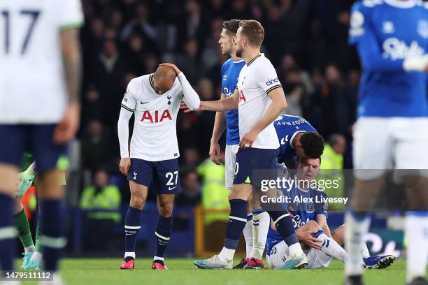 Lucas of Tottenham Hotspur reacts after being shown a red card during the Premier League match between Everton FC and Tottenham Hotspur at Goodison...