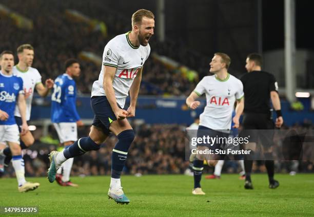 Harry Kane of Tottenham Hotspur celebrates after scoring the team's first goal from a penalty during the Premier League match between Everton FC and...