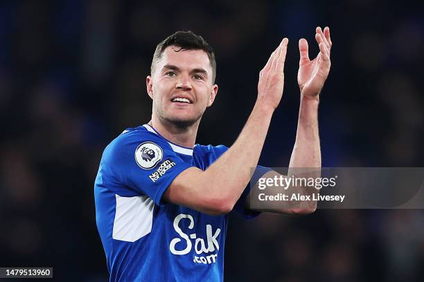 Michael Keane of Everton applauds the fans following the Premier League match between Everton FC and Tottenham Hotspur at Goodison Park on April 03,...