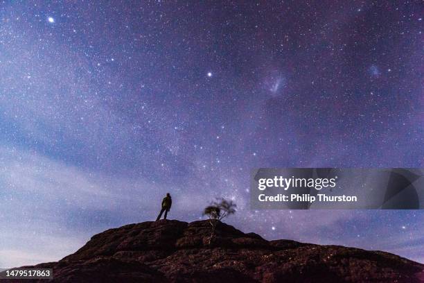 man standing on hill looking into the starry sky at night. - dark sky stock pictures, royalty-free photos & images