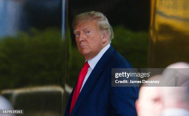 Former U.S. President Donald Trump arrives at Trump Tower in Manhattan on April 3, 2023 in New York City. Trump is scheduled to be arraigned tomorrow...