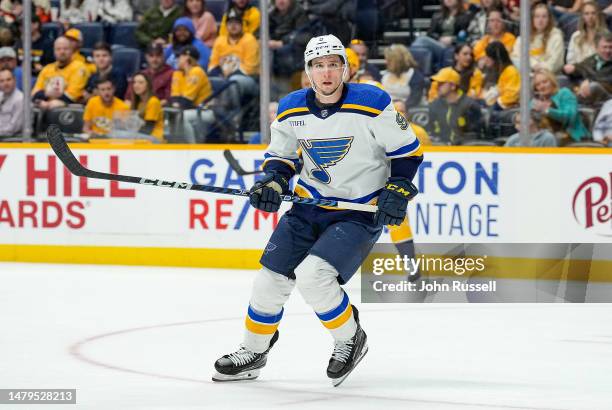 Tyler Pitlick of the St. Louis Blues skates against the Nashville Predators during an NHL game at Bridgestone Arena on April 1, 2023 in Nashville,...