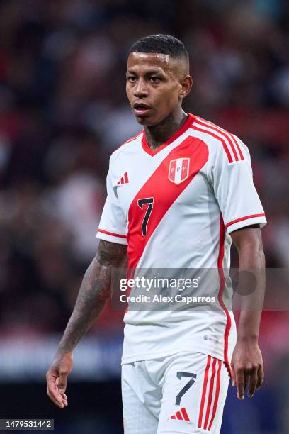 Andy Polo of Peru looks on during the international friendly game between Morocco and Peru at Civitas Metropolitan Stadium on March 28, 2023 in...