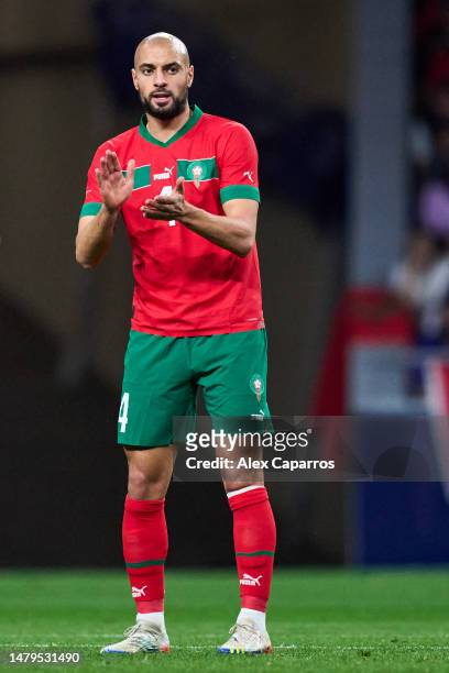 Sofyan Amrabat of Morocco applauds during the international friendly game between Morocco and Peru at Civitas Metropolitan Stadium on March 28, 2023...