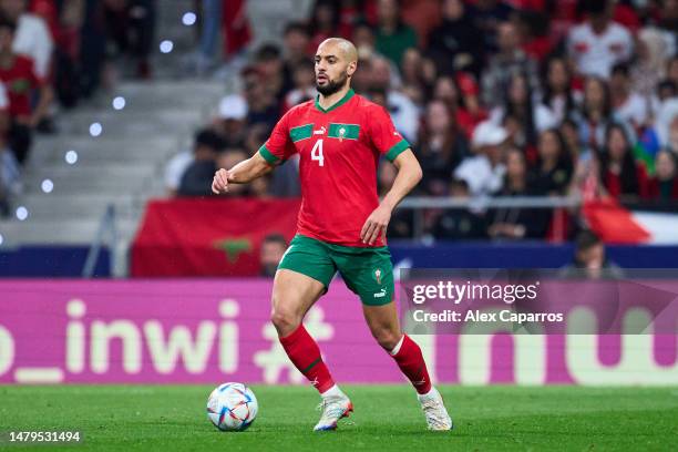 Sofyan Amrabat of Morocco runs with the ball during the international friendly game between Morocco and Peru at Civitas Metropolitan Stadium on March...