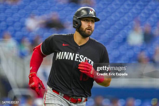 Joey Gallo of the Minnesota Twins hits a home run in the second inning against the Miami Marlins at loanDepot park on April 03, 2023 in Miami,...