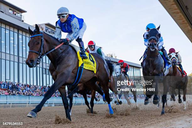 Two Eagles River with Jockey Nik Juarez heads down the stretch at Oaklawn Park and Casino during the running of the 87th Arkansas Derby at Oaklawn...