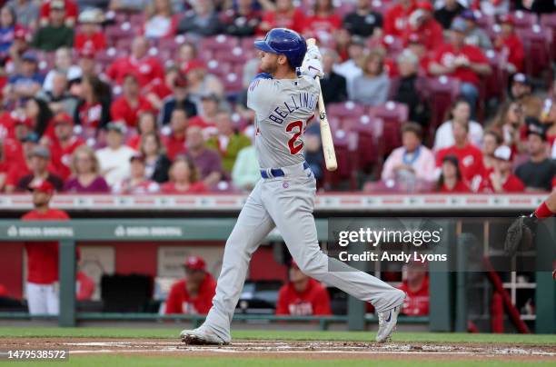 Cody Bellinger of Chicago Cubs hits a three RBI home run in the first inning against Cincinnati Reds at Great American Ball Park on April 03, 2023 in...