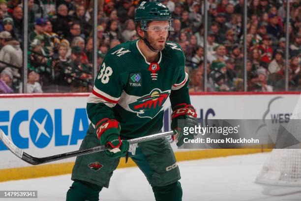 Ryan Hartman of the Minnesota Wild skates against the Boston Bruins during the game at the Xcel Energy Center on March 18, 2023 in Saint Paul,...