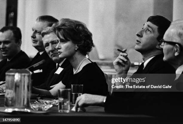 Author and critic John Updike on the dais at the National Book Awards in march 1966 in New York City, New York.