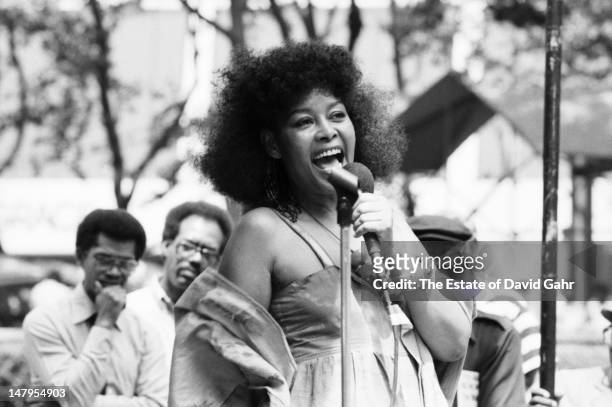 Jazz singer Abbey Lincoln performs on July 28, 1983 in Bryant Park, New York City, New York.