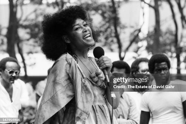 Jazz singer Abbey Lincoln performs on July 28, 1983 in Bryant Park, New York City, New York.