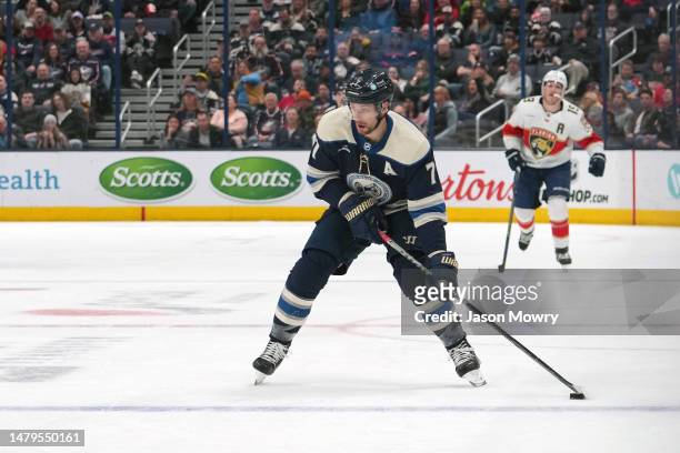 Sean Kuraly of the Columbus Blue Jackets skates with the puck during the second period against the Florida Panthers at Nationwide Arena on April 01,...