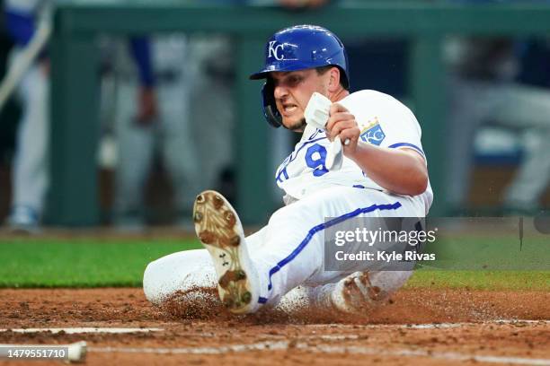 Vinnie Pasquantino of the Kansas City Royals scores against the Toronto Blue Jays during the fourth inning at Kauffman Stadium on April 3, 2023 in...