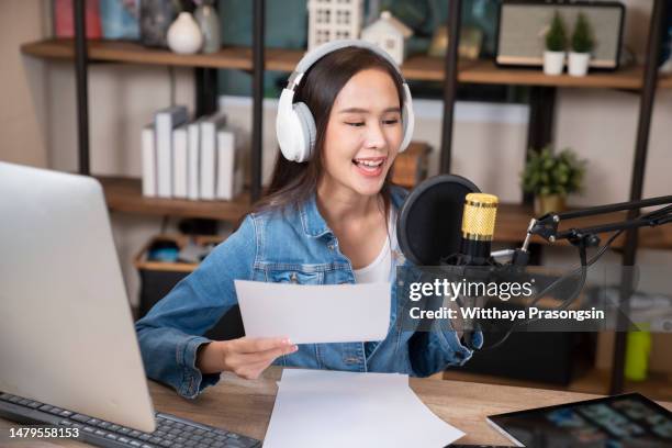 people working at home for making internet radio broadcasting channel live streaming talking meeting or discussion - radio presenter stock pictures, royalty-free photos & images