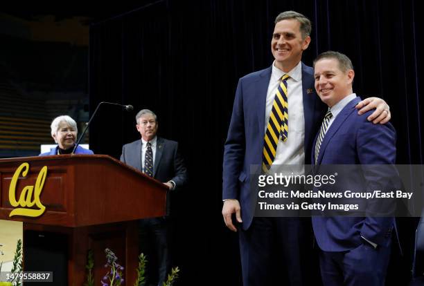 New Cal mens basketball coach Mark Madsen poses with ESPN and Pac-12 Network broadcaster Roxy Bernstein, right, during a press conference at Haas...