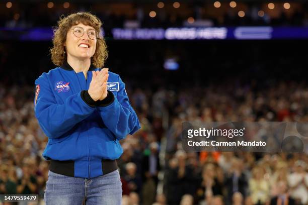 Astronaut Christina Koch reacts prior to the game between the San Diego State Aztecs and \con during the NCAA Men's Basketball Tournament National...