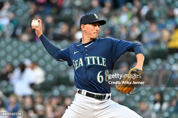 George Kirby of the Seattle Mariners pitches during the first inning against the Los Angeles Angels at T-Mobile Park on April 03, 2023 in Seattle,...