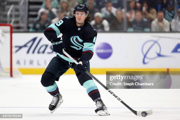 Jared McCann of the Seattle Kraken skates in his 500th NHL game against the Arizona Coyotes during the first period at Climate Pledge Arena on April...