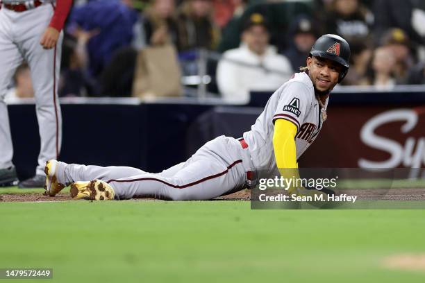 Ketel Marte looks on after dodging a foul ball hit by Evan Longoria of the Arizona Diamondbacks during the third inning of a game against the San...