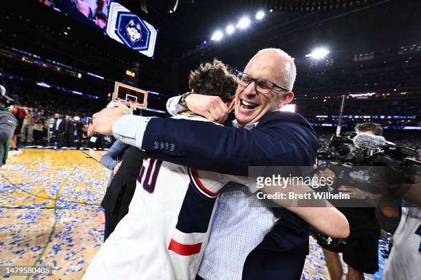 Head coach Dan Hurley of the Connecticut Huskies celebrates after defeating the San Diego State Aztecs to win the NCAA Men's Basketball Tournament...