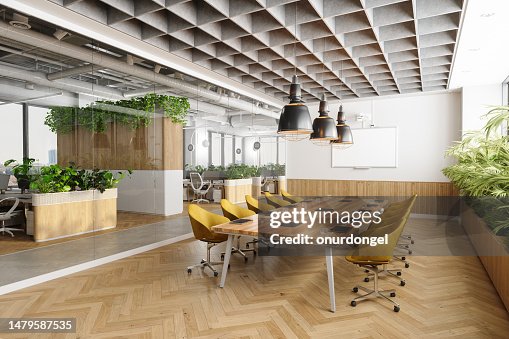 Eco-Friendly Open Plan Modern Office Interior With Meeting Room. Wooden Meeting Table, Yellow Chairs, Plants And Parquet Floor